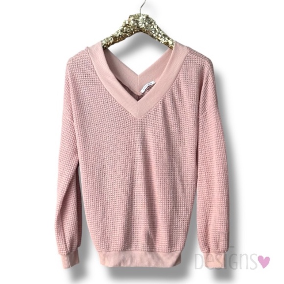 ADREAMLY Woven Waffle V-Neck Sweater Pink - Picture 1 of 3